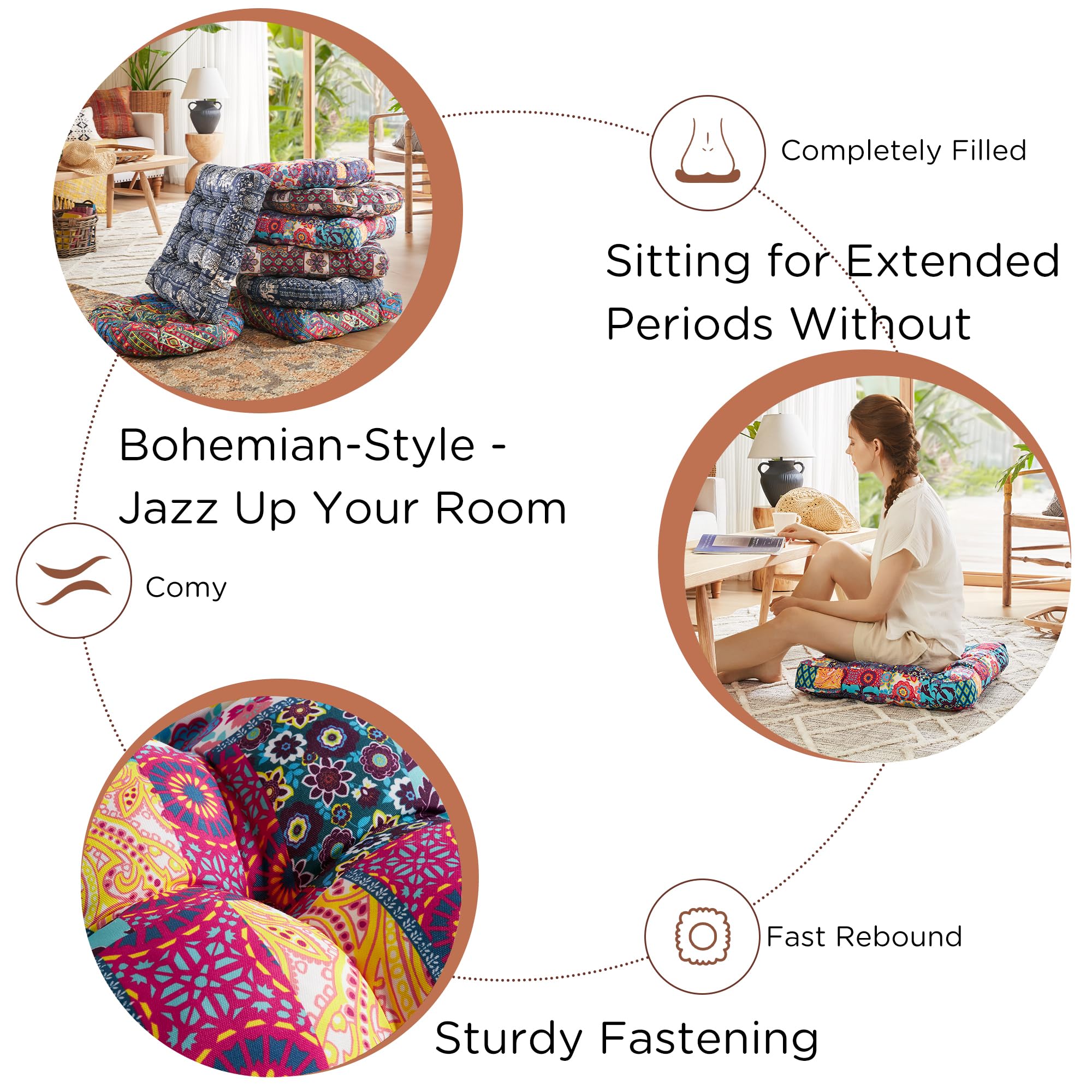 Boho Floor Pillow, Large Meditation Cushion for Adults, Square Pillows Seating for Yoga Living Room Tatami Sitting Home Decor, Memory Foam Added, 22x22 Inch, Multi Patchwork - Image 3