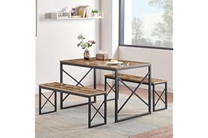 VECELO 43.3 Inch Dining Table Set for 4, Rectangle Dinner Breakfast Dinette with 2 Benches, Thickened Metal Frame & Board, for Kitchen, Living Room, and Small Space, 43.3", Rustic Brown