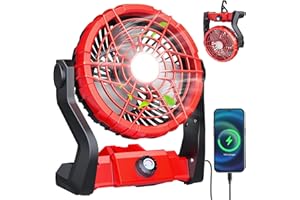 DRCHOP 10400mAh Rechargeable Battery Powered Fan, Camping Fan with LED Lantern, Battery Operated Fan, Outdoor Tent Ceiling Fan, 270° Head Rotation, Timing, Reverse Charge Function, Portable Fan for Travel