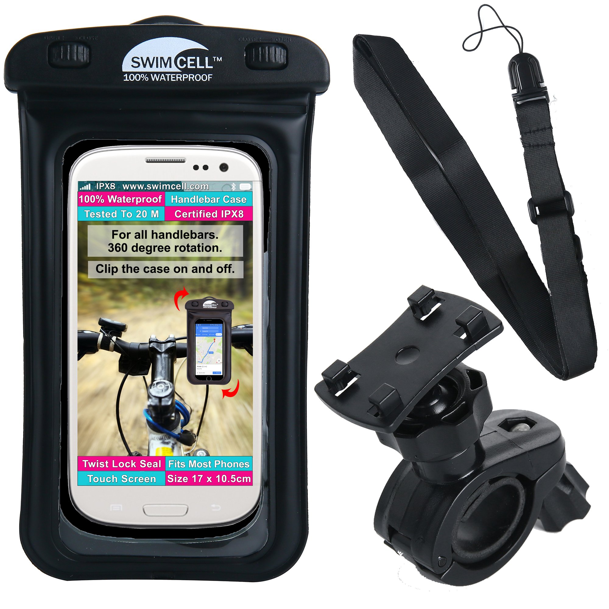 SwimCell Waterproof Bike Phone Holder - Secure Handlebar Mount for iPhone, Samsung, Android - All Weather Protection Bicycle Phone Holder Waterproof - Cycling Accessory - Max Phone size 16cm Black