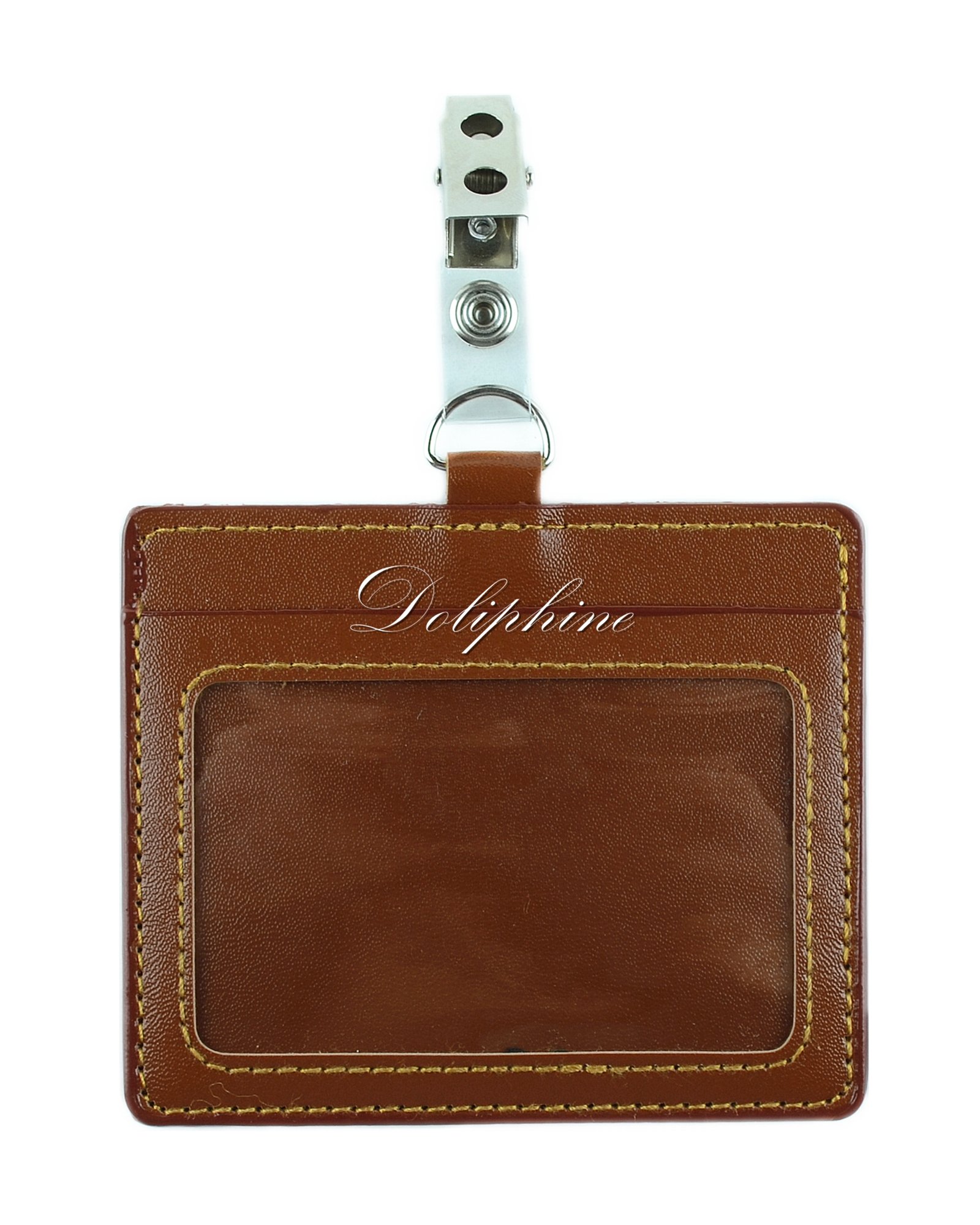 Horizontal Deluxe Durable PU Leather ID Badge Holder with 1 ID Window and 1 Card Slot and Alligator Clip (Brown)