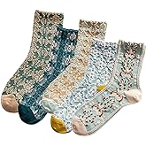 MTKAEWU 5 Pack Cute Womens Floral Socks, Vintage Embroidered Frilly Floral Ankle Cotton Cottagecore Socks
