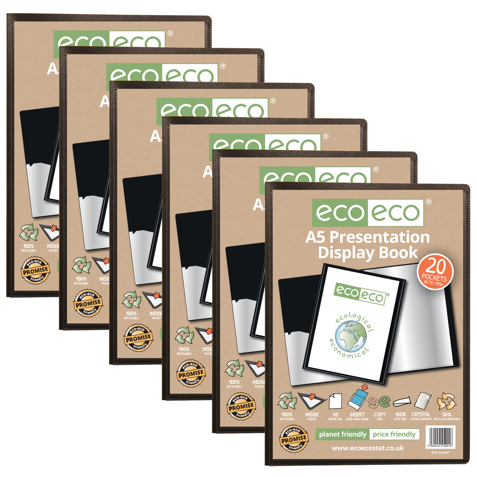 eco-eco A5 Size 50% Recycled 20 Pocket Black Presentation Display Book, Storage Case Portfolio Art Folder with Plastic Sleeves, eco001x6, (Pack of 6 Books)