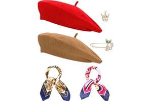 SATINIOR 6 Pieces Wool Beret Hat Solid Color French Beanie Hat with Silky Scarf Brooch
