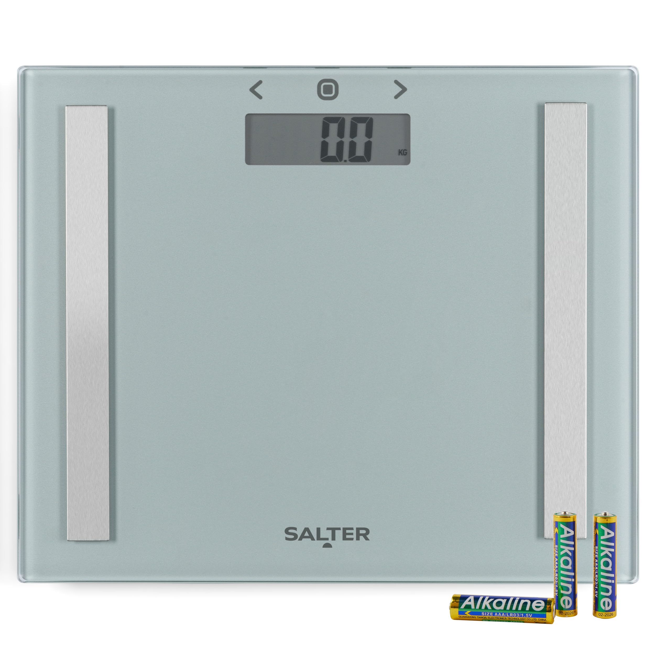 Salter Compact Glass Analyser Bathroom Scale – Digital Body Analyser with Body Fat & BMI Readings, 150kg/23st 8lb Capacity, Easy-Read LCD Display, Step-On Technology, Carpet Feet & Batteries Included