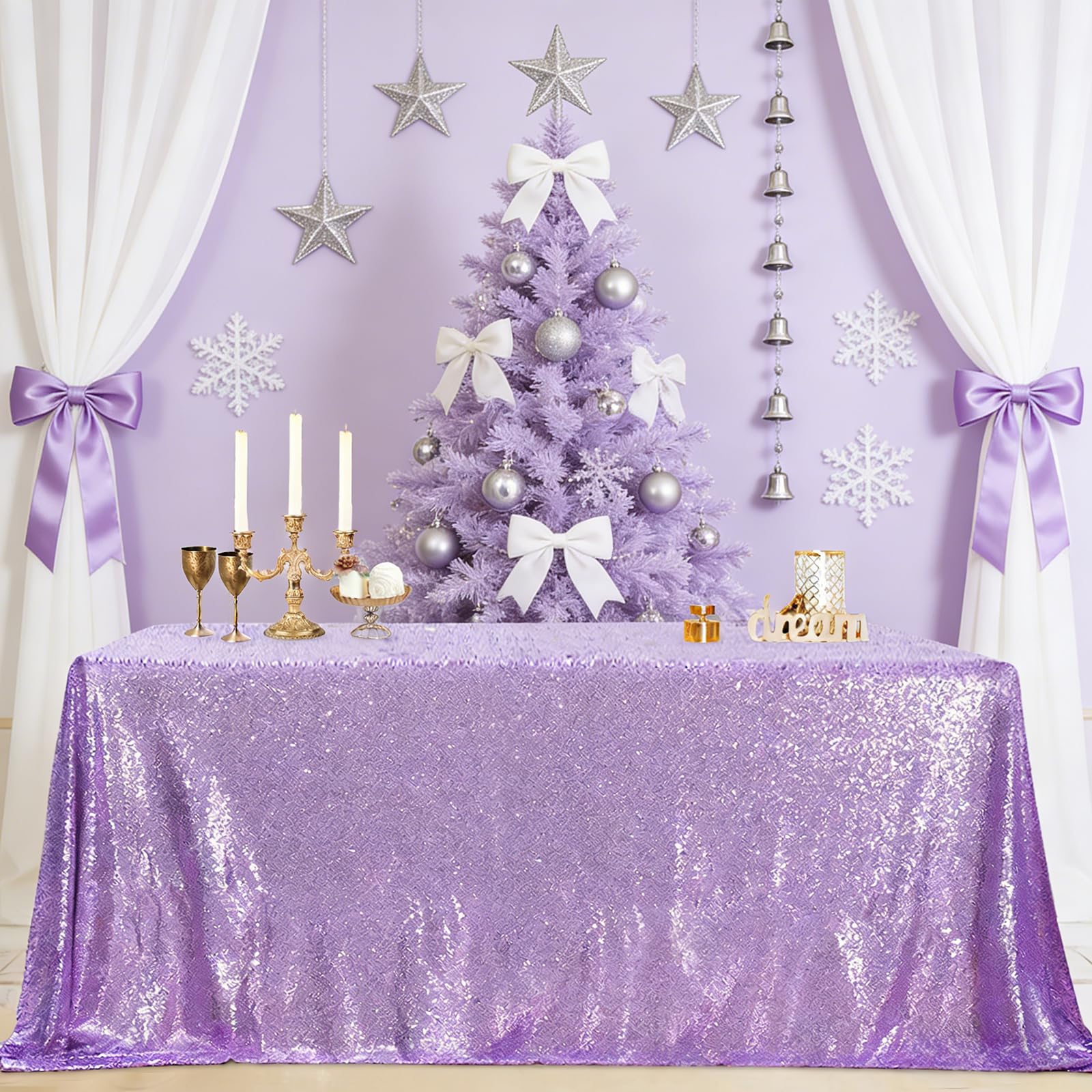 B-COOL Sequin Tablecloth Rectangle Tablecloths Lavender Shiny Table Skirt Sweet Birthday Cake Events Table Linens-90x156inches Image