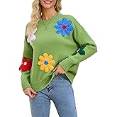 Aedceal Women Floral Sweater Long Sleeve Round Neck Casual Lounge Colorful Flower Knit Pullover Top