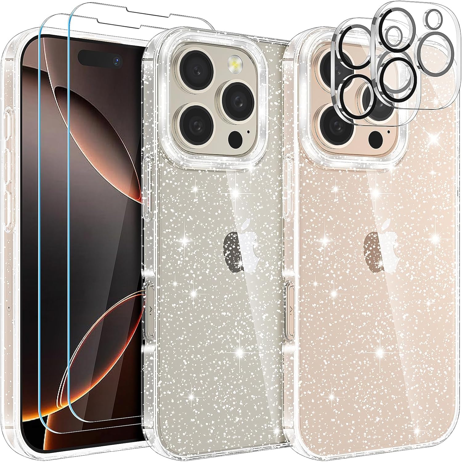 YIRSUR Compatible with iPhone 16 Pro 6.3 Inch Glitter Clear Case with 2X Screen Protector with 2X Camera Lens Protector, Slim Soft TPU Bumper Anti-Scratch Shockproof Case Women Girls for iPhone 16 Pro
