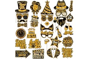 LMSHOWOWO New Years Eve Decorations, 30PCS Black Gold 2026 Photo Booth Props, Funny Happy New Year Selfie Props, for New Year