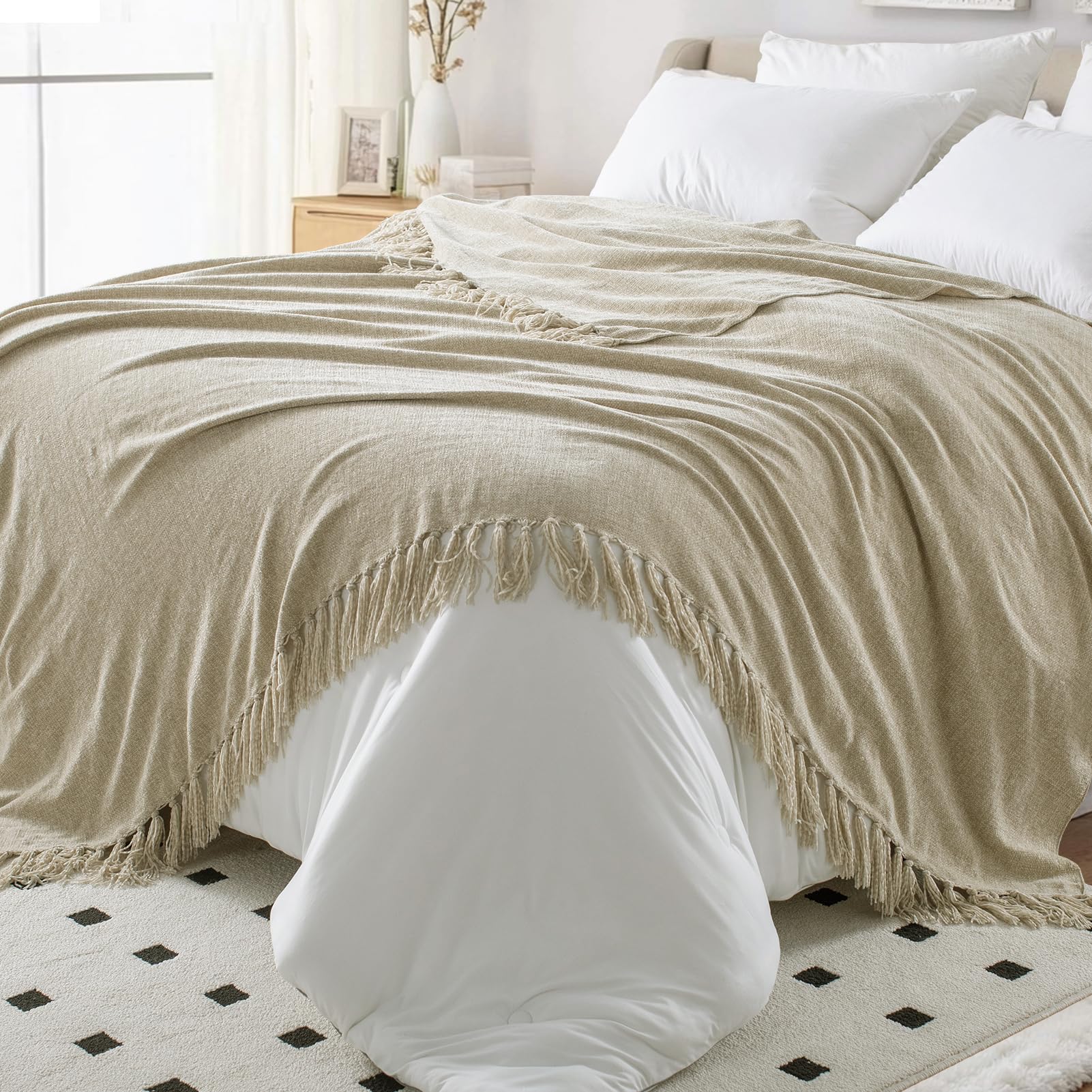 Photo 1 of KASENTEX Chenille Bed Blanket Queen Size, Khaki Throw Blanket with Fringe Tassel for Bed Sofa Chair, Lightweight Knitted Decorative Farmhouse Boho Blanketss for Gift (Khaki, 90" x 90")