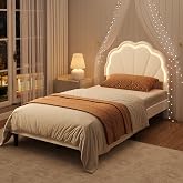 Upholstered LED Twin Bed Frames with Velvet Seashell Headboard, White | Adjustable Seashell Headboard, Soft Velvet, Under Bed Storage, Easy Assembly, No-Noise, No Box Spring Needed, Sturdy&amp;Stable