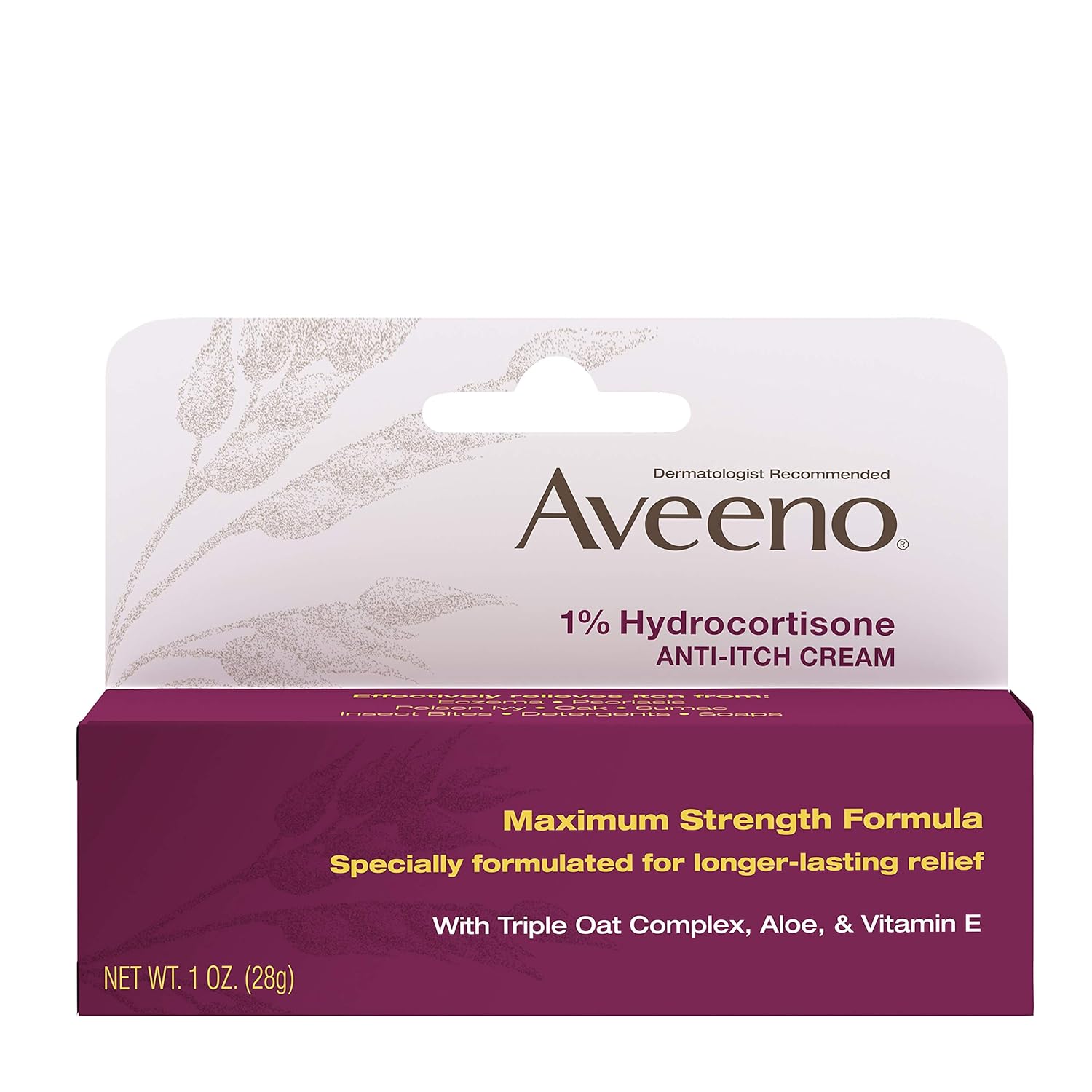 Aveeno Maximum Strength 1% Hydrocortisone Anti-Itch Cream with Pure Oat Essence Triple Oat complex, Aloe & Vitamin E, For Itch, Rash & Redness Relief, 1 oz: Prime Pantry