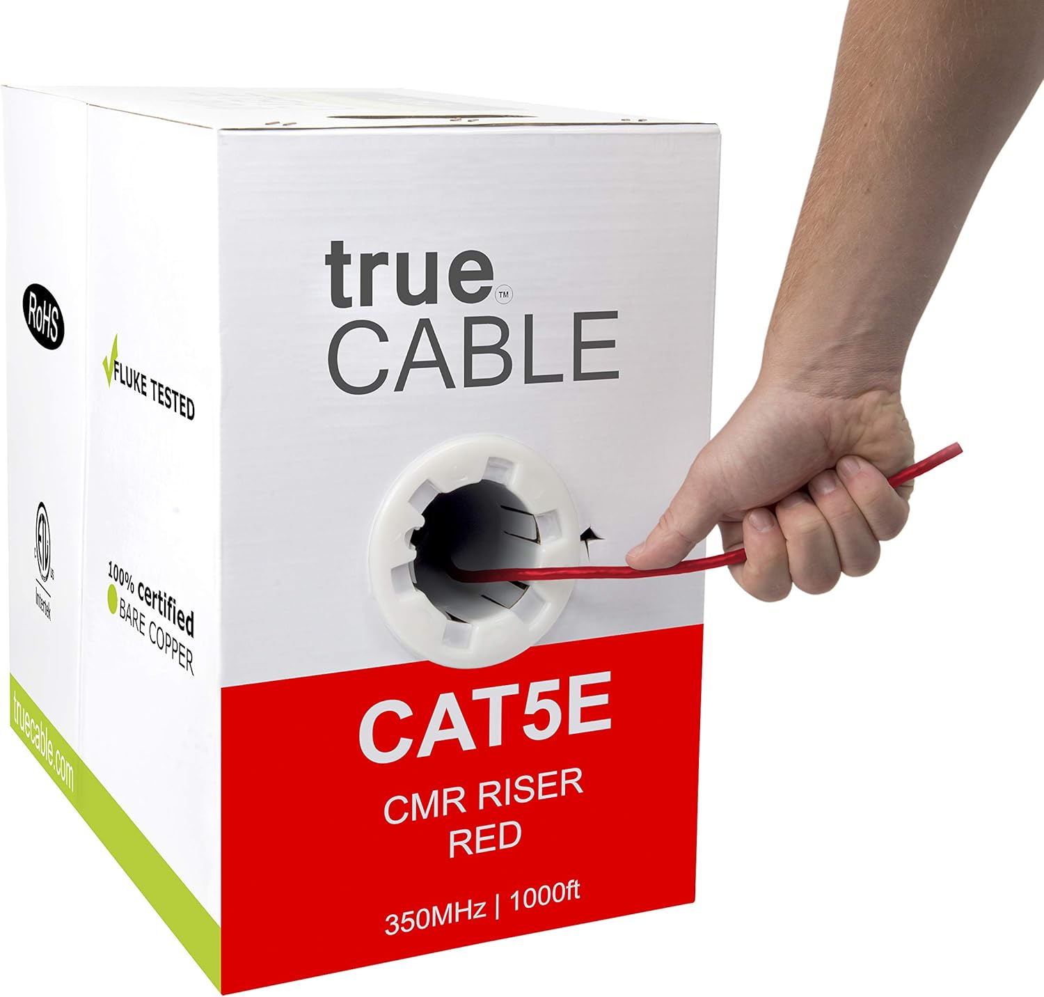 trueCABLE Cat5e Riser (CMR), 1000ft, Red, 24AWG 4 Pair Solid Bare Copper, 350MHz, ETL Listed, Unshielded Twisted Pair (UTP), Bulk Ethernet Cable