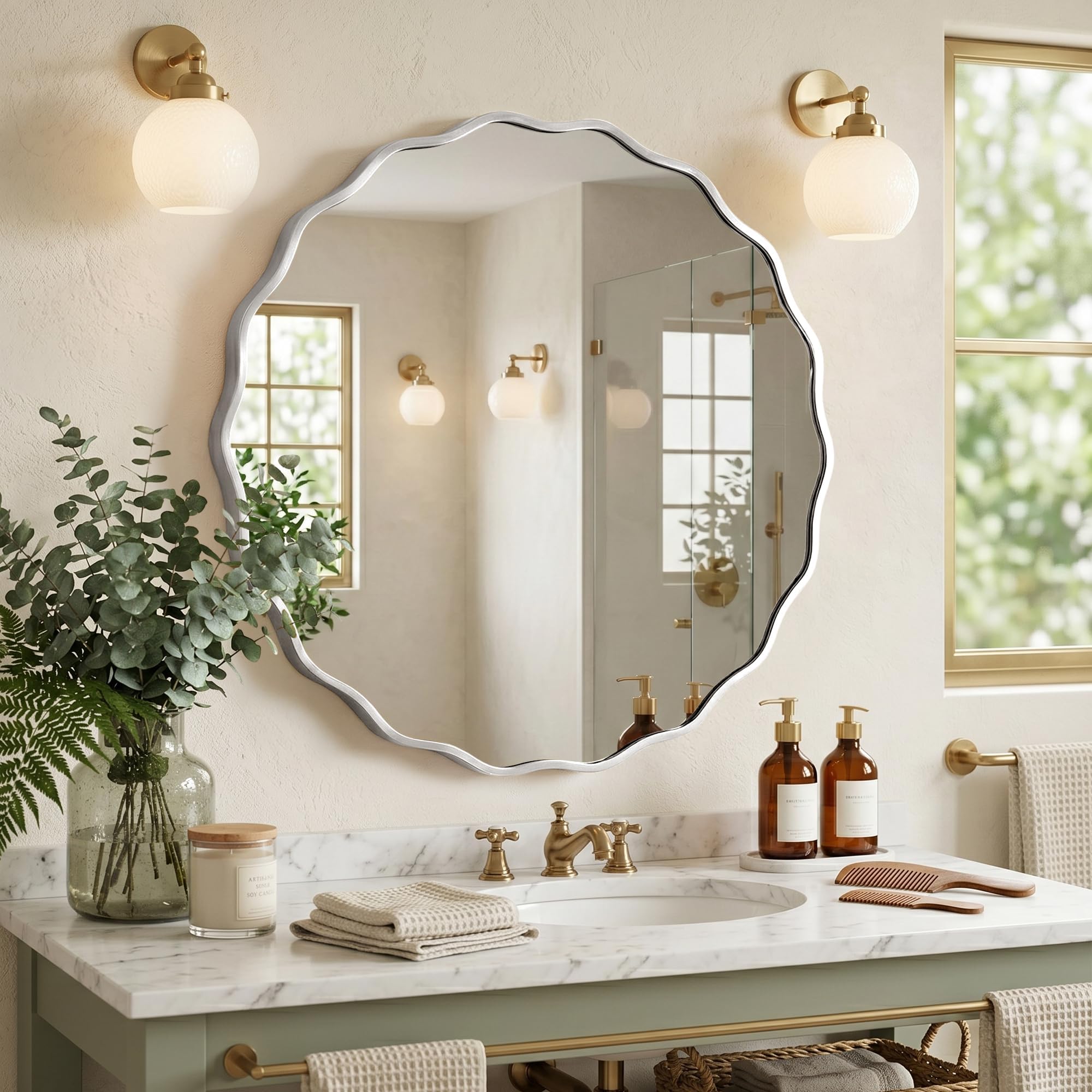 Fahomiss Wavy Runder Wandspiegel mit gebürstetem Aluminiumrahmen & gehärtetem Sicherheitsglas für Badezimmer, Flur & Wohnzimmer 6