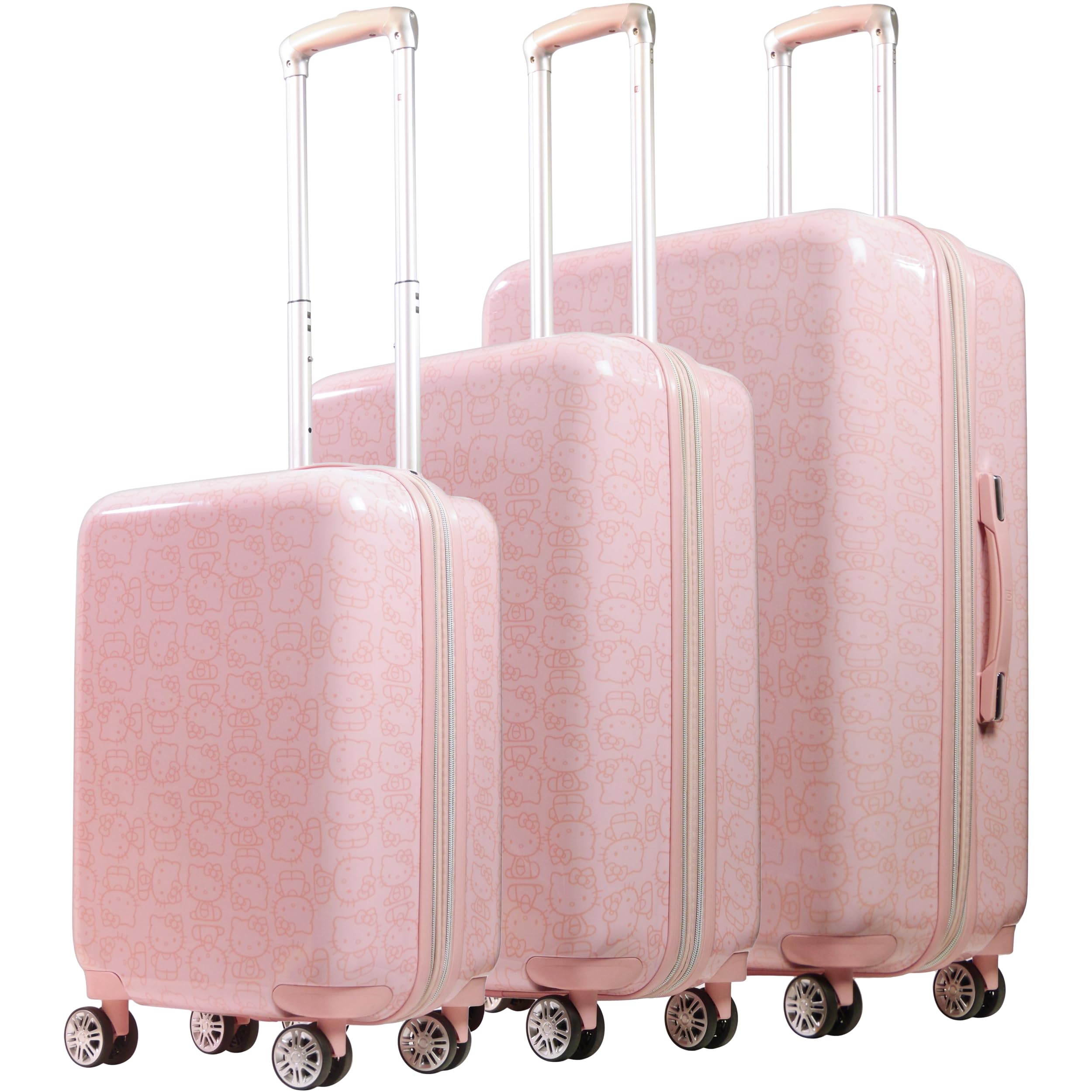Hello Kitty 3 Piece Set Rolling Luggage, Hardshell Suitcase with Spinner Wheels, 21, 25 and 29 Inch, Pink
