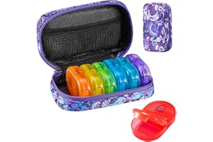 Serfeymi Weekly Travel Pill Organizer 2 Times A Day AM PM Upgraded Rainbow Pill Box 7 Day with Portable Zipper Canvas Pill Case, Medicine Organizer for Pills, Vitamins, Fish Oils - Purple 01