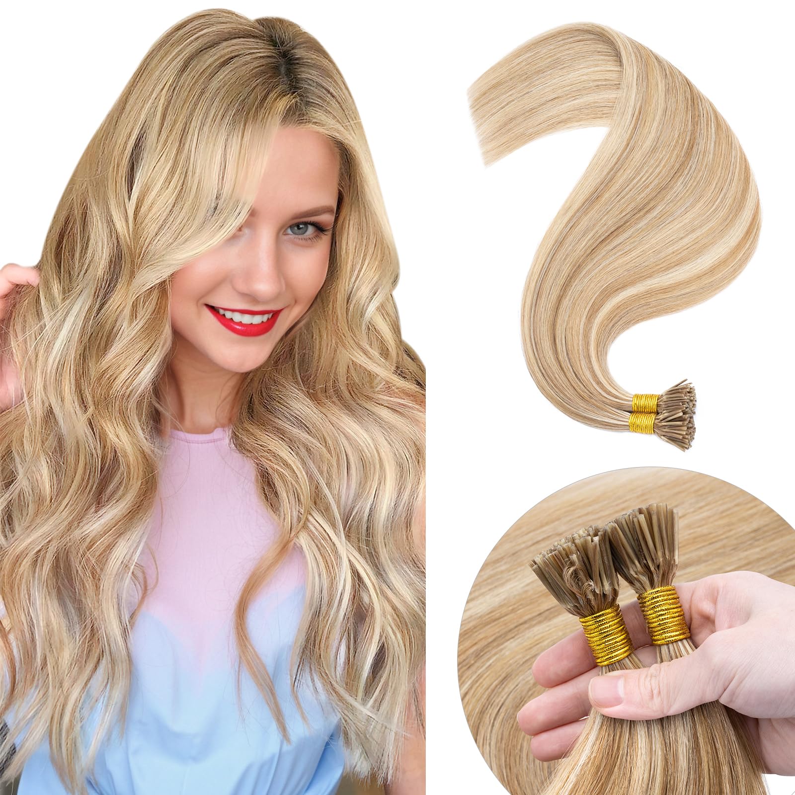 Elailite I Tip Hair Extensions Real Human Hair Straight Remy Hair Cold Fusion - 100 Strands 50g (#12/613 Golden Brown Mix Bleach Blonde, 22 Inch) — image 1