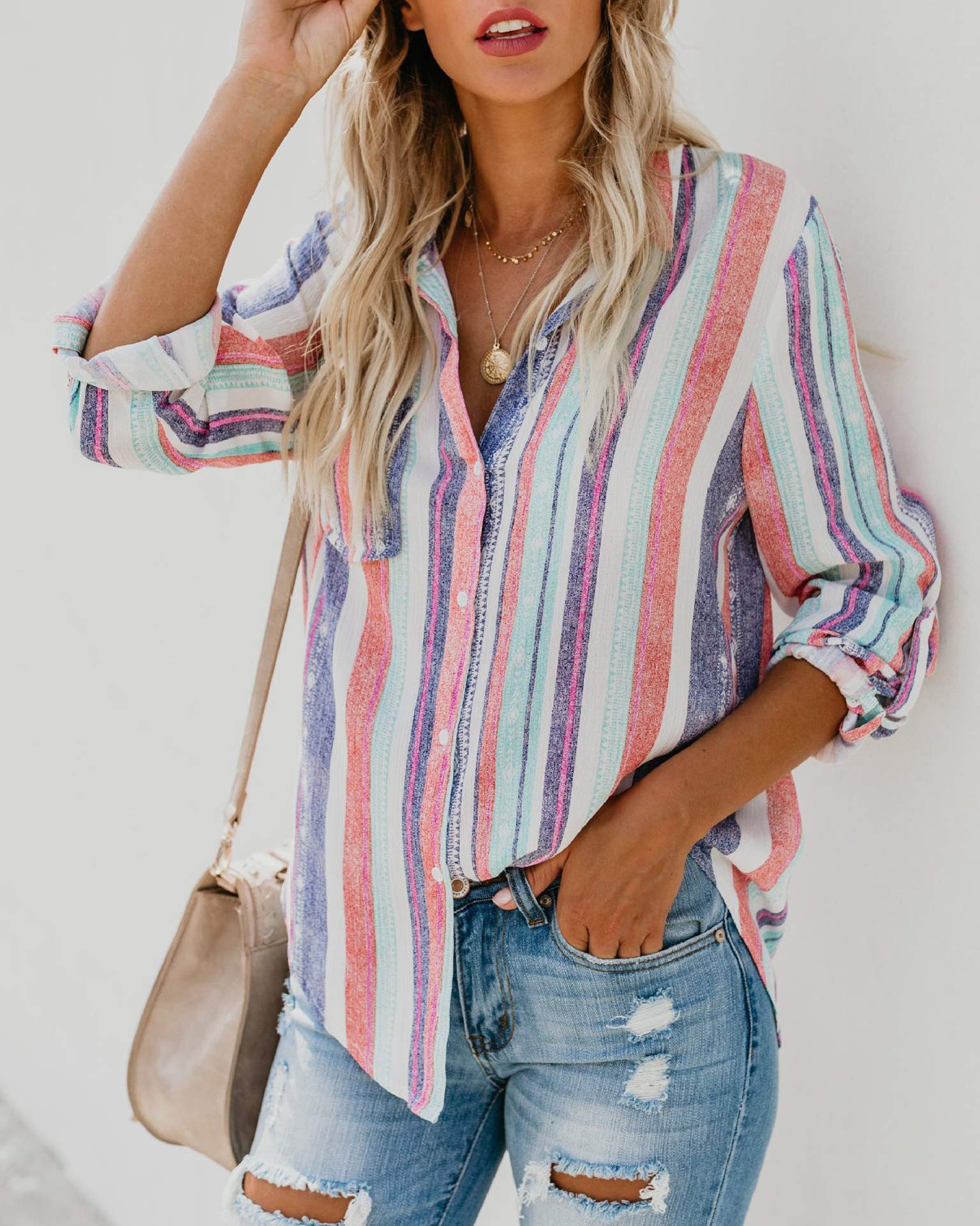 FELACIA Women\'s Button Down Blouses Loose Fit Tops V Neck Stripes Long Sleeve Casual Curved Tunic Tops