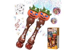 ALIEX Halloween Pumpkin Bubble Wand for Kids - 2 Pack Automatic Bubble Machine Blower Toys for Toddlers 3-8 with LED Lights, Music Function, DIY Stickers,10 Refill Solutions, Halloween Party Favors Gifts