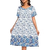 CRIPOM Womens Nightgown Short Sleeve House Dress with Pockets-Floral Print Mumu Dress S-3XL
