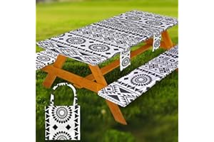 WRAKUS Fitted Picnic Table Cover with Bench Covers Vinyl Waterproof Elastic Edges Fitted Rectangle Tables Patio Tablecloth Camping Gear and Essentials Rv Accessories Road Trip Supplies Car Travel Must Haves