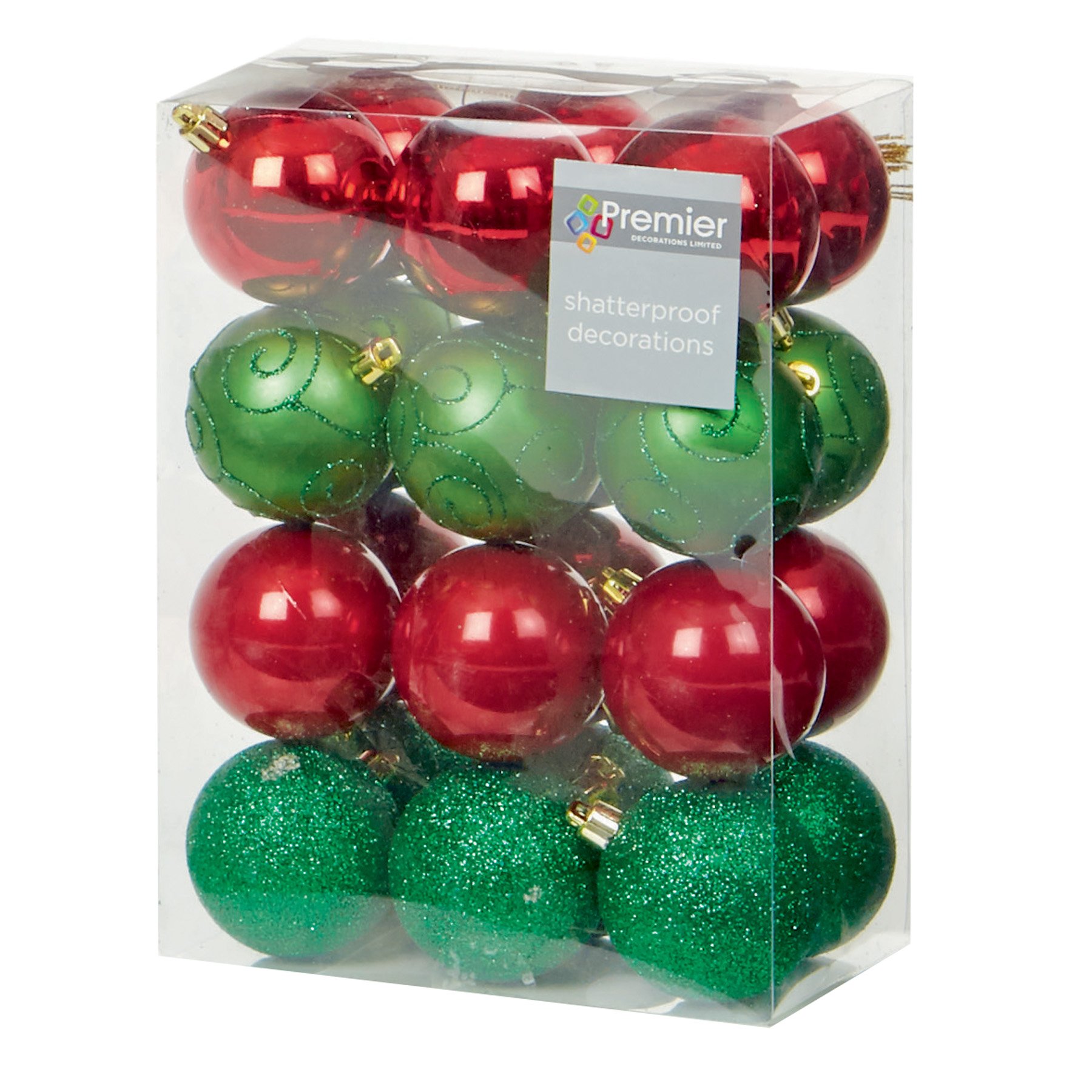 Christmas Decoration 24 Pack 60mm Shatterproof Baubles - Red-Green