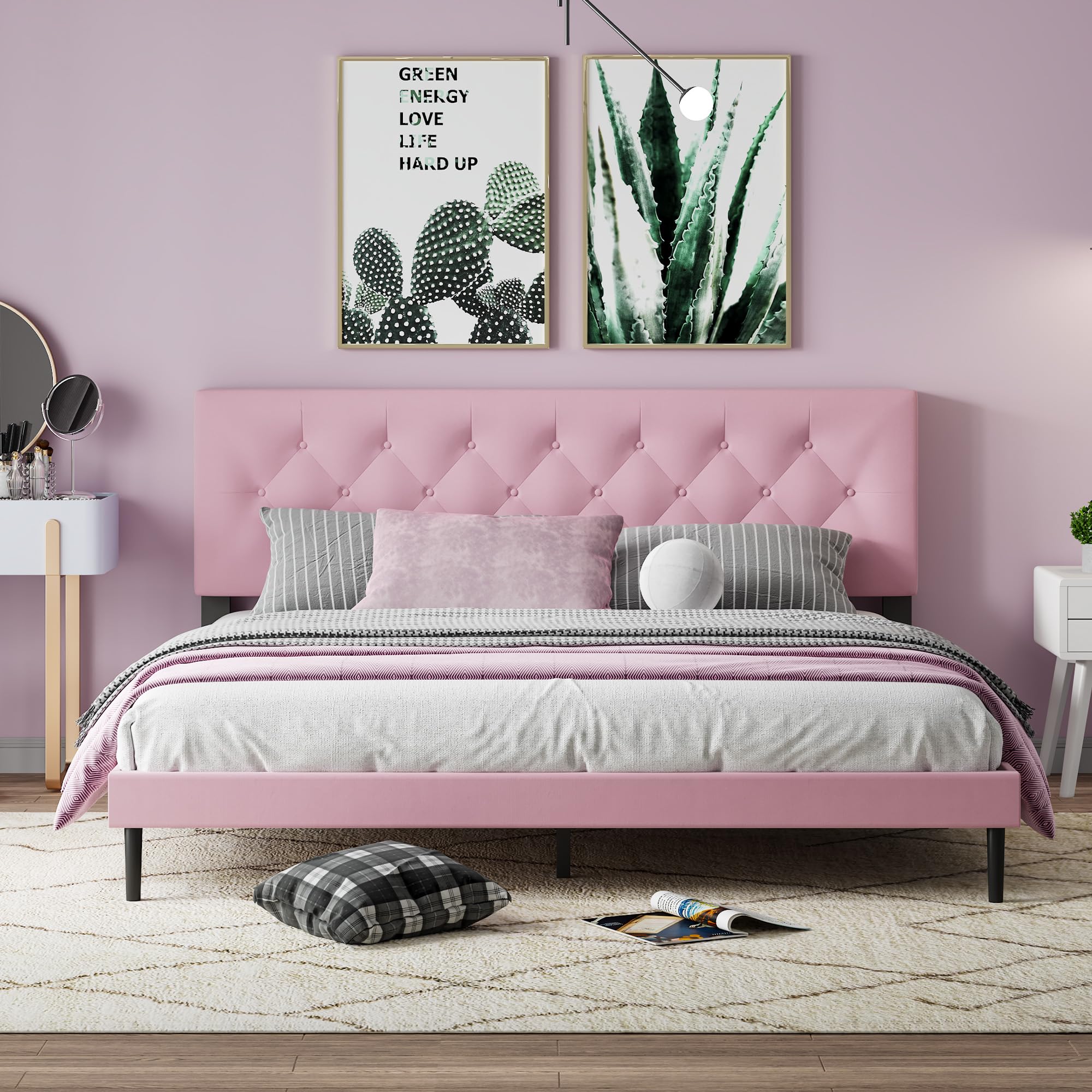 Photo 1 of LUBEDCY King Size Velvet Platform Bed Frame with Upholstered Headboard, Sturdy Wooden Slats, No Springs Required, Easy to Assemble, Noiseless Sleep, Pink
