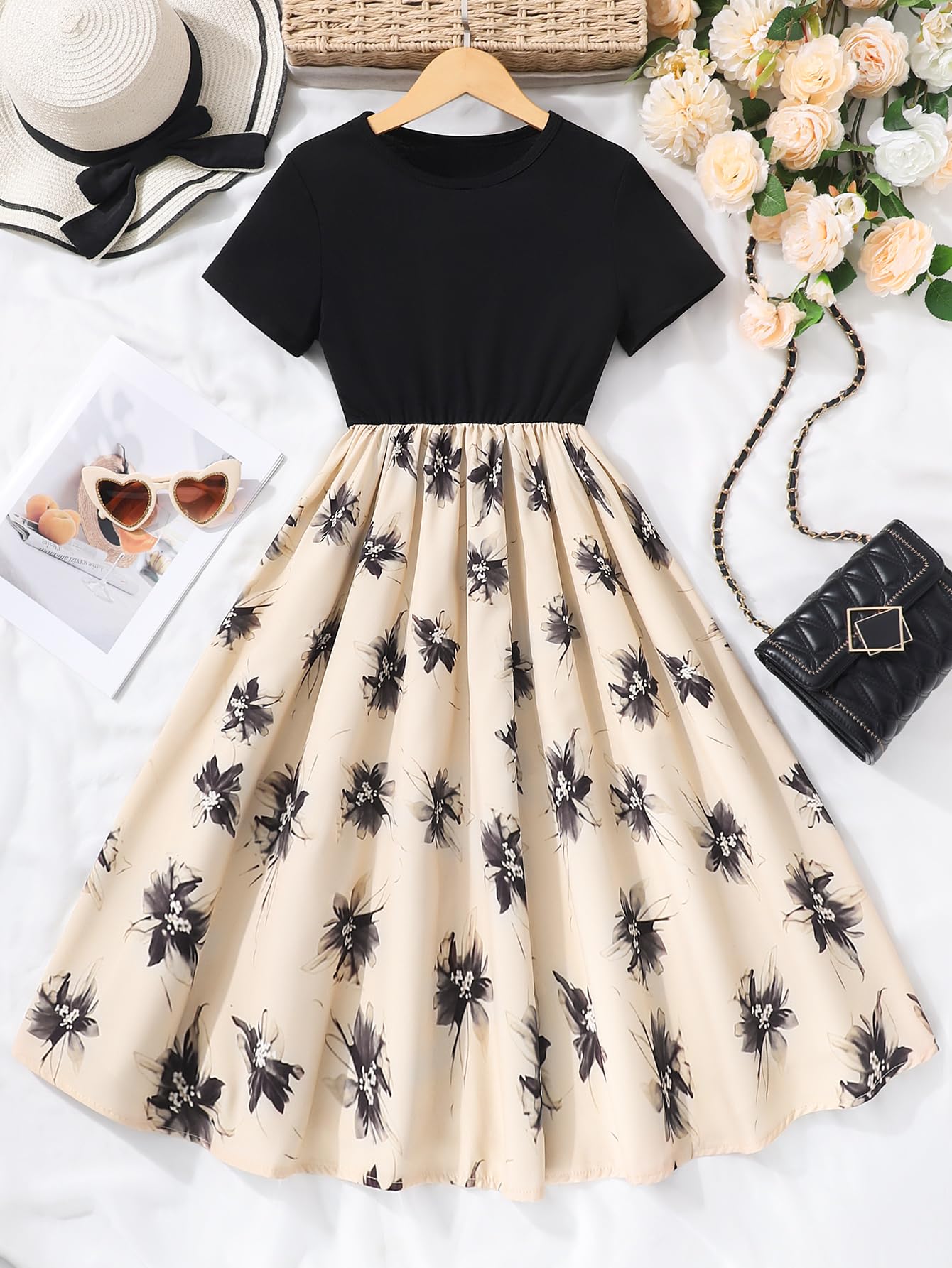 New 8-14Years Girls Elegant Dress Short Sleeve A-Line Floral Midi Party Special Occasion