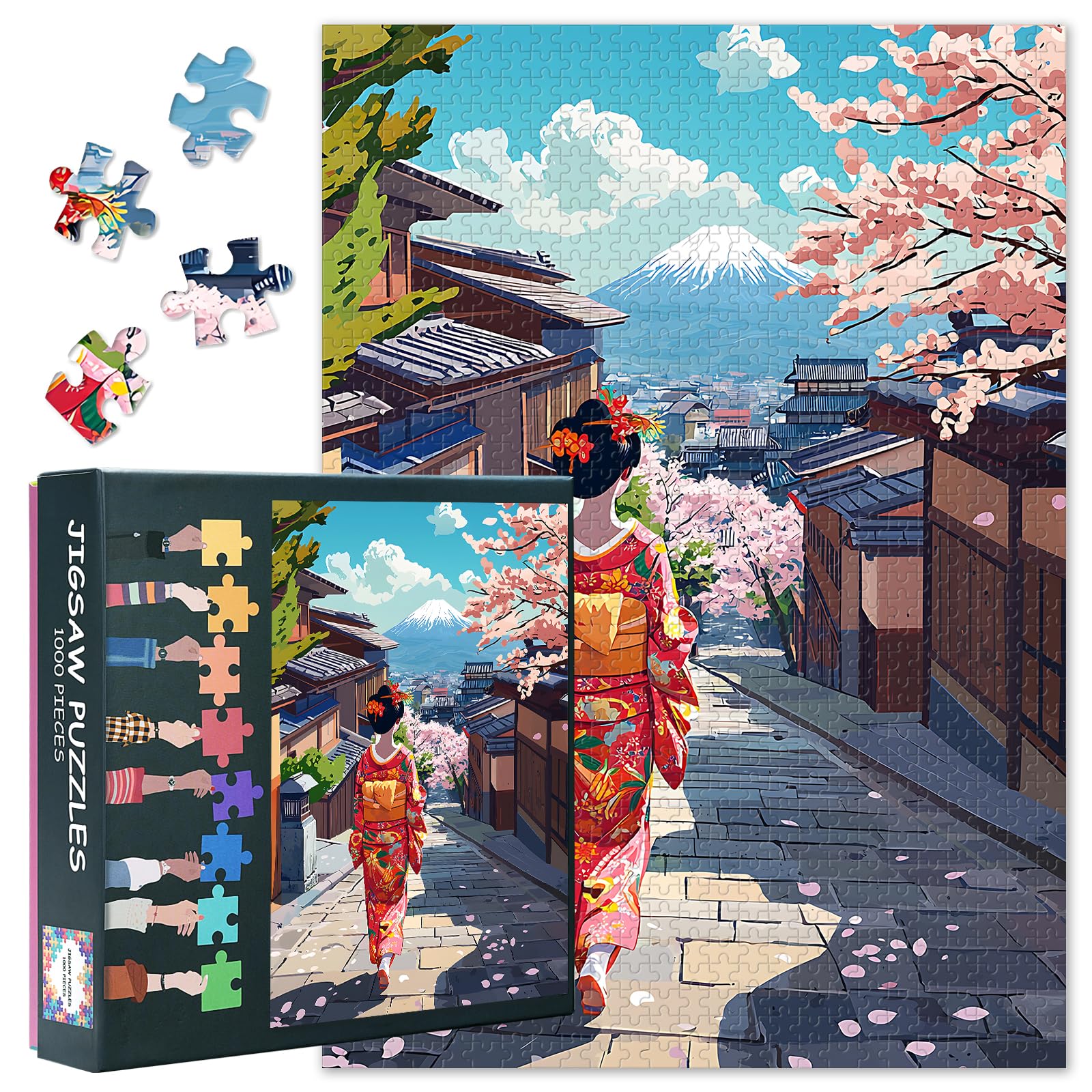 1000 Piece Puzzles for Adults, Jigsaw Puzzles for Adults - Serene Japanese Street Scene with Woman Walking Towards Majestic Mount Fuji, Coolest Adult Puzzle(27.5x19.7 Inches)