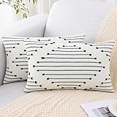 Mecatny Boho Outdoor Throw Pillow Covers 12X20 Set of 2, Farmhouse Lumbar Pillow Covers for Couch Sofa Living Room, Navy & Cream White