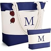 YOOLIFE Christmas Gifts for Women - Personalized Initial Canvas Beach Bags for Women Gifts for Mom Teacher Friend Birthday