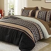 Cottolester Brown Comforter Set King Size,Boho Striped Bed in a Bag,7 Piece Plaid Comforter and Sheet Set, Soft Microfiber Complete Bedding Sets
