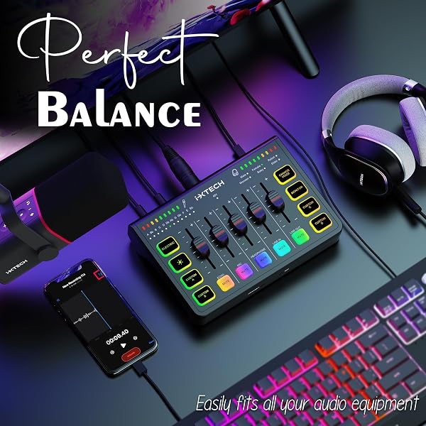 IXTECH GAMING AUDIO MIXER 4 CHANNEL SOUNDBOARD, STREAMING RGB PC AUDIO INTERFACE WITH XLR MICROPHONE SUPPORT, AUDIO EQUALIZER FOR GAMING PODCAST STREAMING KARAOKE, INDIVIDUAL VOLUME CONTROLS (BLACK)