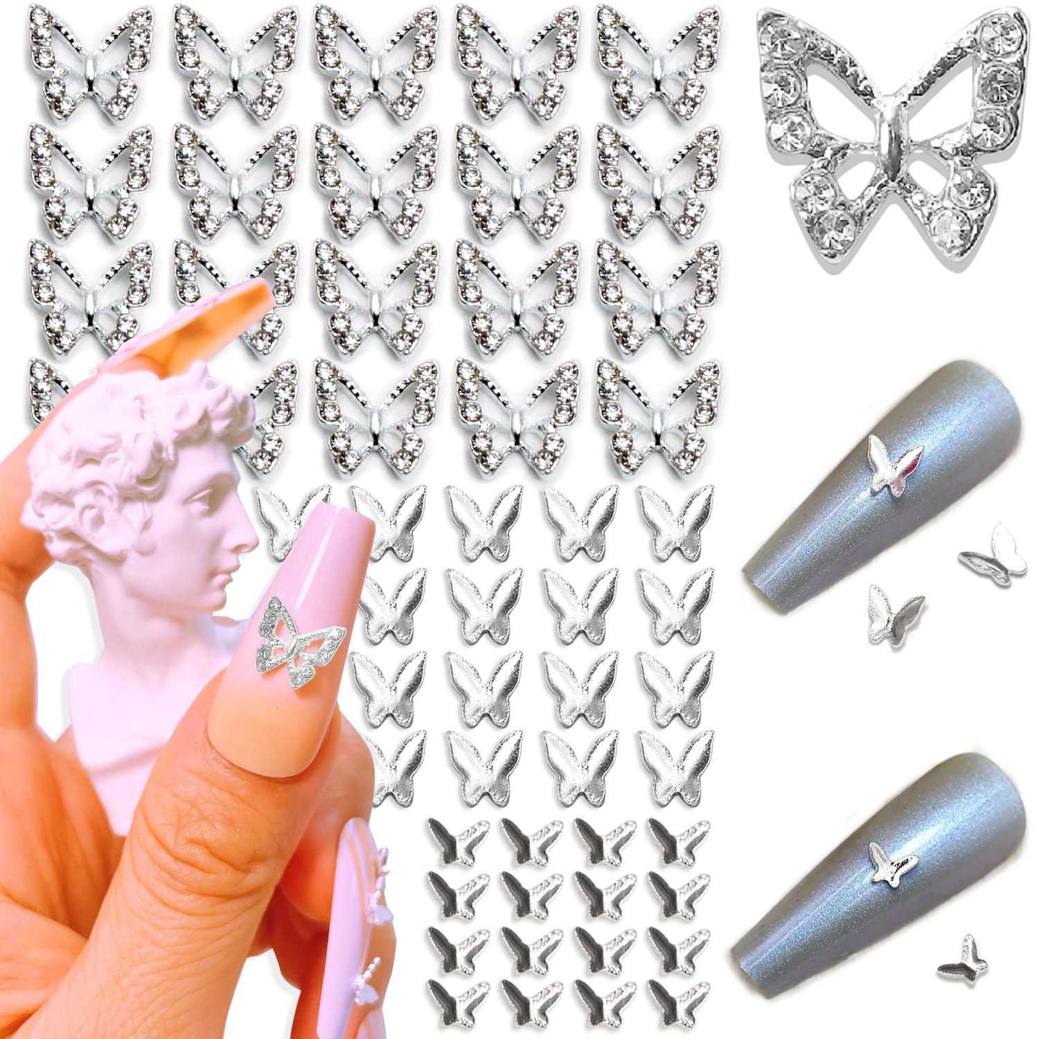 Photo 1 of 90 PCS 3D Butterfly Nail Rhinestones Charms Sliver Metal Acrylic Nail Art Alloy Shiny Crystals Gems Diamonds Nail DIY Jewels Accessories Design Supplies Decoration Set