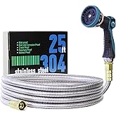 25FT Garden Hose, 304 Stainless Steel Water Hose, Flexible with a 10-Mode Nozzle Sprayer, No Kink, Lightweight, Puncture Proof, Ideal for Yard, Lawn, Outdoor, 5/8'' Outside Diameter