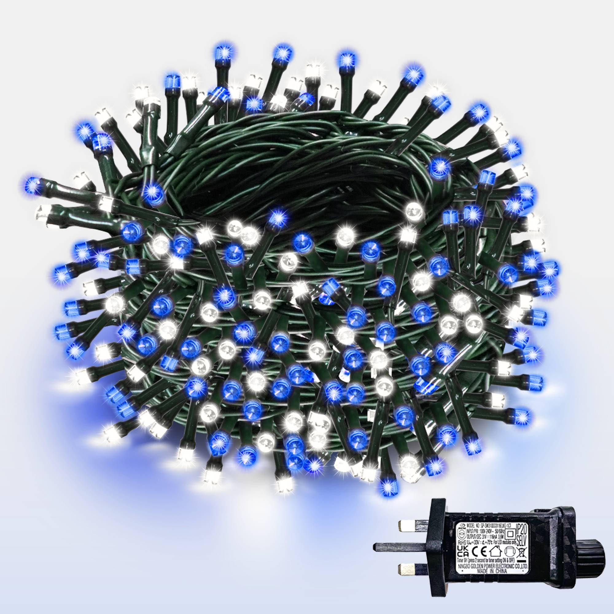 WISD Christmas Tree Lights - 400 LED 23M Dimmable Xmas Fairy Lights on Green Cable with 12 Modes, Timer and Memory - Plug in String Light for Indoor Outdoor Garden Bedroom Party Decor (Blue + White)