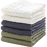 MUKIN Baby Washcloths, Muslin Cotton Face Cloths, Newborn Soft Absorbent Bath Wipes, Burp Cloths or Towels, Pack of 6, 12x12 inches (White,Dark Gray,Tea Green)