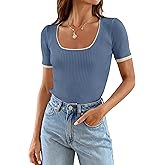 ZESICA Women's Short Sleeve Square Neck Color Block T Shirt 2026 Summer Slim Fit Ribbed Knit Basic Tee Tops