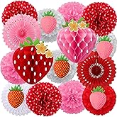 15 Pcs Strawberry Paper Fan Tissue Pom Poms Party Decorations, Strawberry Honeycomb Ball Garland Berry Banner Decor for Birthday, Baby Bridal Shower, Berry First Sweet Party Decorations Supplies