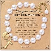 Miss Pink Initial First Holy Communion Confirmation Baptism Bracelets Gifts for Women Girls, Catholic First 1st Communion 14K Gold Pearl Cross Charm Bracelet Personalized A-Z for Goddaughter Niece