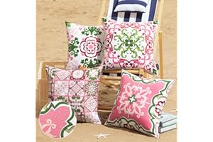 Phantoscope Set of 4 Outdoor Waterproof Throw Pillow Covers, Geometric, Decorative Boho Farmhouse Outdoor Pillows Cushion Case for Home Patio Furniture Tent Sunbrella, Pink/Green Fig 18x18 Inches