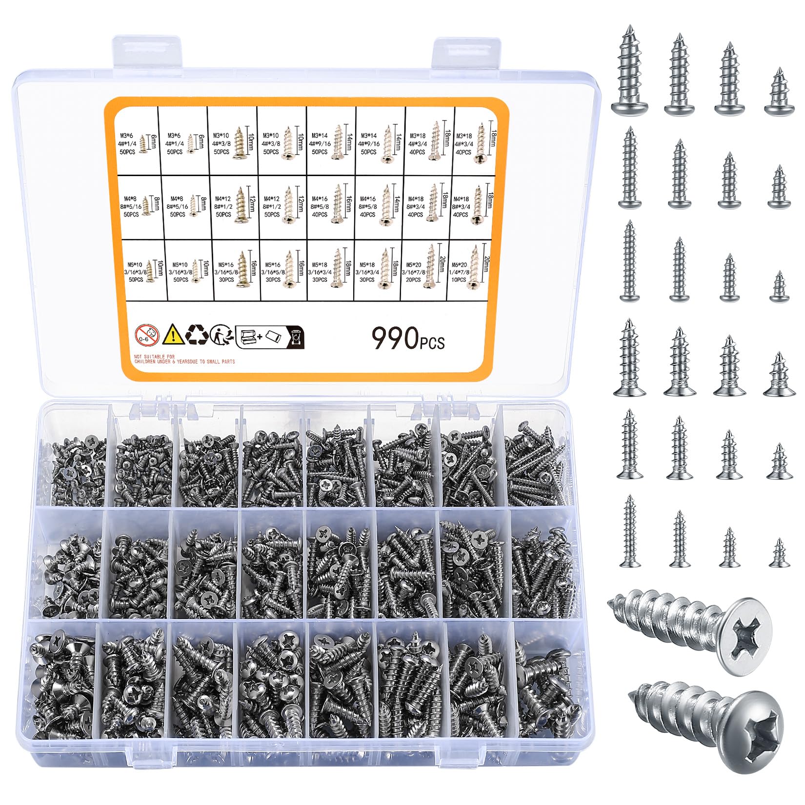 990pcs Self Tapping Screws Assortment Set, M3/M4/M5/M6 Stainless Steel Sheet Metal Screws, Phillips Drive Wood Screws Set for Deck Drywall Concrete Screws(500pcs Flat Head, 490pcs Round Head)