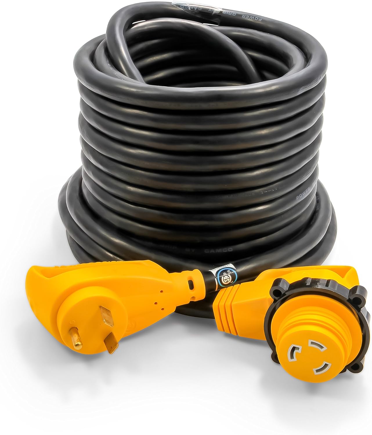 Camco 50’ PowerGrip Extension Cord with 30M/30F- 90 Degree Locking Adapters | Allows for Easy RV Connection to Distant Power Outlets | Built to Last (55525): Automotive
