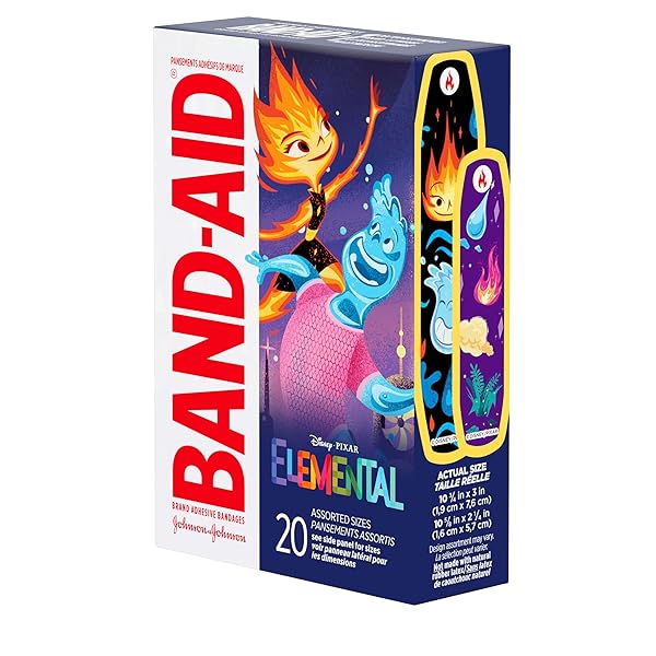 BAND-AID BRAND ADHESIVE BANDAGES FOR MINOR CUTS & SCRAPES, WOUND CARE FEATURING DISNEY’S ELEMENTAL CHARACTERS, FUN BANDAGES FOR KIDS AND TODDLERS, ASSORTED SIZES, 20 COUNT