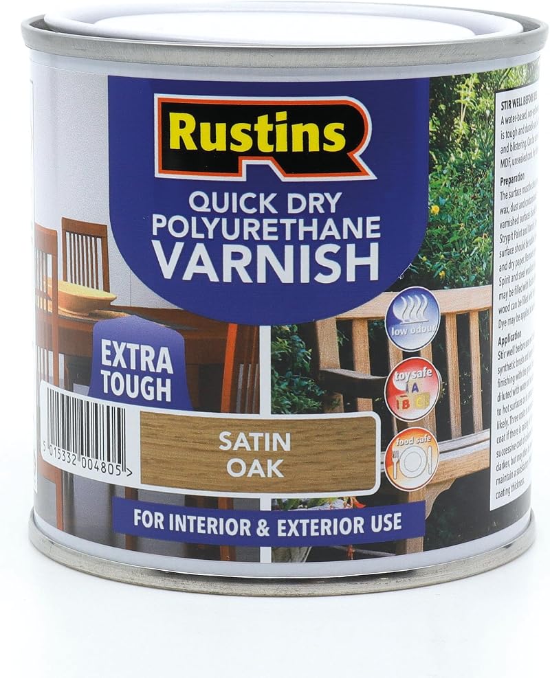 Rustins Quick Dry Poly Varnish Satin Oak 250ml Interior Wood Finish