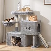 Heybly Cat Tree, Stable Easy Climb 31.5" Tower with 2 Cat Condos HCT208SW | Cat Furniture with Comfy Platform &amp; Hanging Toy, Soft Cat Basket, Cat House with Sisal Scratching Post, Light Gray