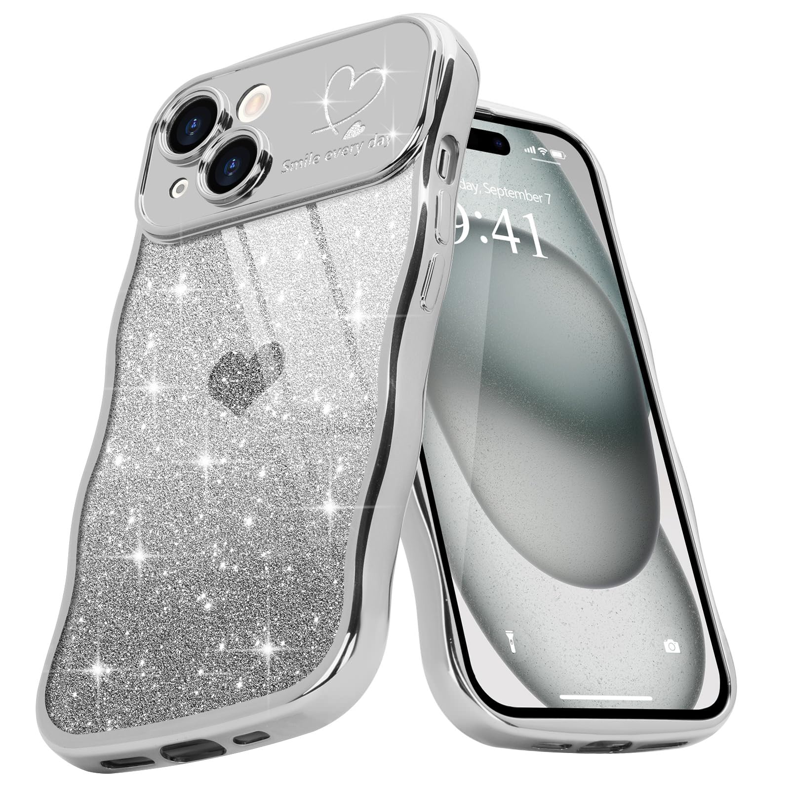 Teageo Cute Heart Pattern Curly Phone Case for iPhone 15, Wave Frame Glitter Case for Girls Women Aesthetic Bling Cover Shockproof Soft TPU Bumper for iPhone 15, Silver