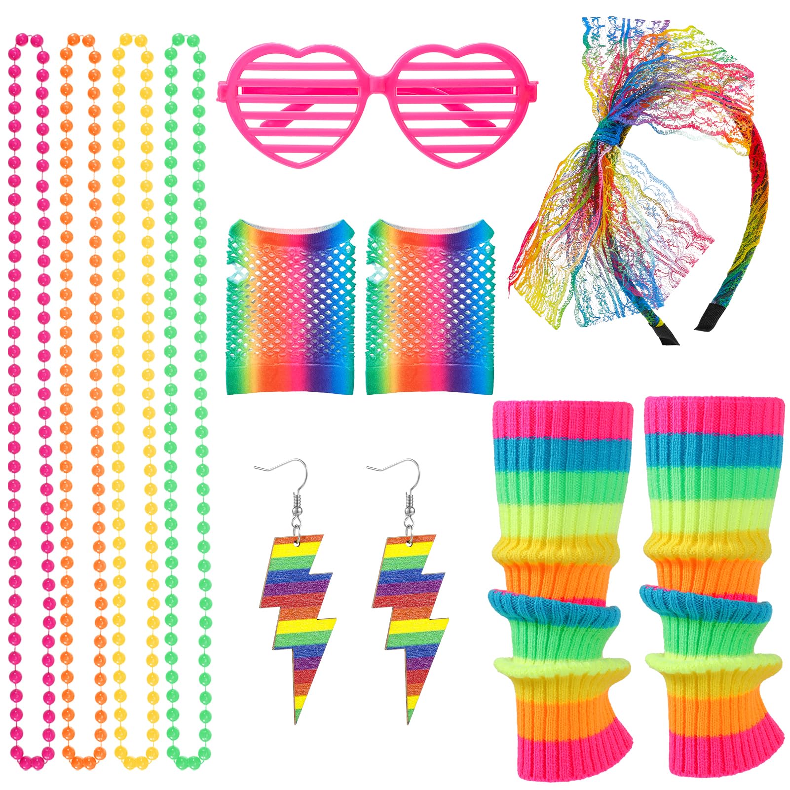 saerryor 80s Fancy Dress for women, 90s Fancy Dress Costumes Accessories Set Neon Leg Warmers Fishnet Gloves Headband Earrings Necklace Glasses Retro Outfit for 80s Party