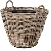 Kouboo Round Rattan Planter Basket with Handles - 11 Gallon Plastic Pot Liner with Drain Holes Included - No Saucer - Indoor 