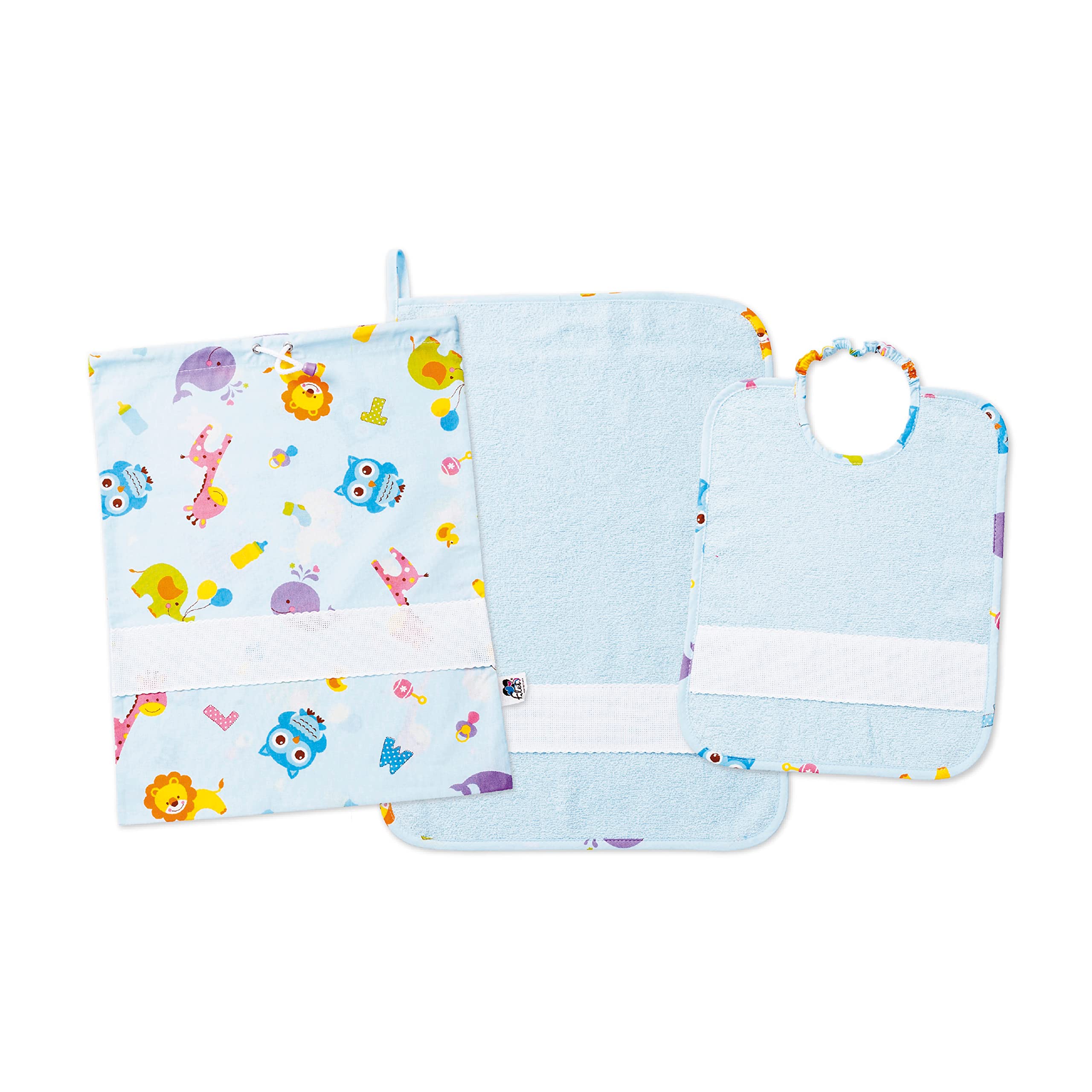 FILET - Nursery Set Three-Piece Aida Canvas Embroidery, Consisting of Bag, Towel and Bib in White Towelling, 100% Cotton, Made in Italy, Letters and Animals Pattern, White Pattern